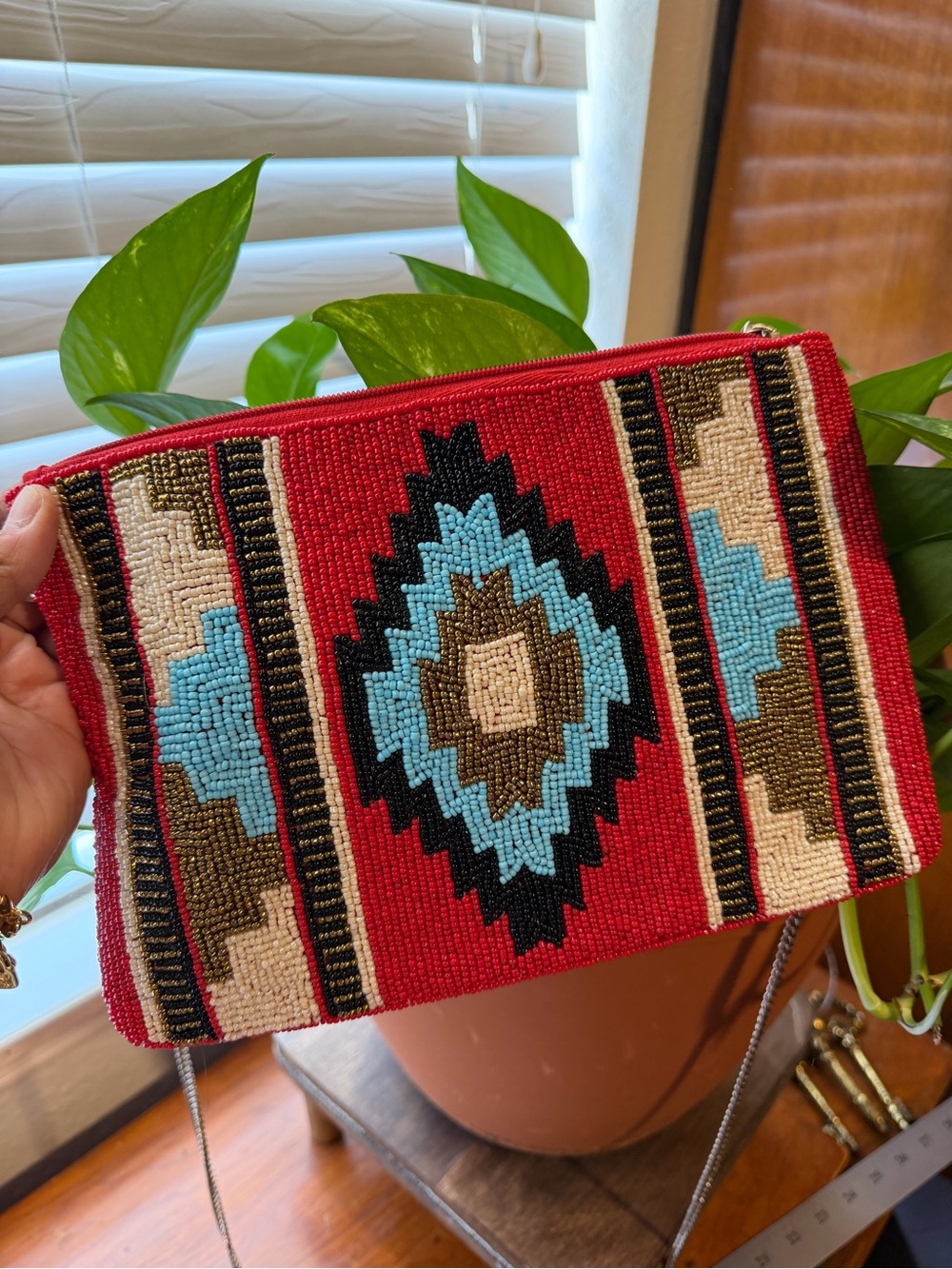 Hand Beaded Southwestern Aztec Crossbody Clutch Red Turquoise Gold